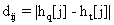 <math display='block' xmlns='http://www.w3.org/1998/Math/MathML'> <semantics>  <mrow>   <msub>    <mtext>d</mtext>    <mrow>     <mtext>ij</mtext>    </mrow>   </msub>   <msub>    <mrow>     <mtext>&nbsp;=&nbsp;&#x007C;h</mtext>    </mrow>    <mtext>q</mtext>   </msub>   <msub>    <mrow>     <mtext>[j]&nbsp;-&nbsp;h</mtext>    </mrow>    <mtext>t</mtext>   </msub>   <mtext>[j]</mtext>  </mrow> <annotation encoding='MathType-MTEF'> MathType@MTEF@5@5@+=feaafiart1ev1aaatCvAUfeBSjuyZL2yd9gzLbvyNv2CaerbuLwBLnhiov2DGi1BTfMBaeXatLxBI9gBaerbd9wDYLwzYbItLDharqqtubsr4rNCHbGeaGqiVu0Je9sqqrpepC0xbbL8F4rqqrFfpeea0xe9Lq=Jc9vqaqpepm0xbba9pwe9Q8fs0=yqaqpepae9pg0FirpepeKkFr0xfr=xfr=xb9adbaqaaeGaciGaaiaabeqaamaabaabaaGcbaGaaeizamaaBaaaleaacaqGPbGaaeOAaaqabaGccaqGGaGaaeypaiaabccacaqG8bGaaeiAamaaBaaaleaacaqGXbaabeaakiaabUfacaqGQbGaaeyxaiaabccacaqGTaGaaeiiaiaabIgadaWgaaWcbaGaaeiDaaqabaGccaqGBbGaaeOAaiaab2faaaa@4761@</annotation> </semantics></math>