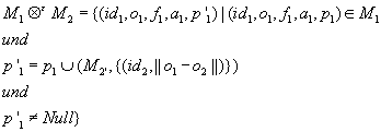 <math display='block' xmlns='http://www.w3.org/1998/Math/MathML'> <semantics>  <mtable columnalign='left'>   <mtr>    <mtd>     <msub>      <mi>M</mi>      <mn>1</mn>     </msub>     <msup>      <mo>&#x2297;</mo>      <mi>&#x03B5;</mi>     </msup>     <msub>      <mi>M</mi>      <mn>2</mn>     </msub>     <mo>=</mo><mo>&#x007B;</mo><mo stretchy='false'>(</mo><mi>i</mi><msub>      <mi>d</mi>      <mn>1</mn>     </msub>     <mo>,</mo><msub>      <mi>o</mi>      <mn>1</mn>     </msub>     <mo>,</mo><msub>      <mi>f</mi>      <mn>1</mn>     </msub>     <mo>,</mo><msub>      <mi>a</mi>      <mn>1</mn>     </msub>     <mo>,</mo><mi>p</mi><msub>      <mo>&#x0027;</mo>      <mn>1</mn>     </msub>     <mo stretchy='false'>)</mo><mo>&#x007C;</mo><mo stretchy='false'>(</mo><mi>i</mi><msub>      <mi>d</mi>      <mn>1</mn>     </msub>     <mo>,</mo><msub>      <mi>o</mi>      <mn>1</mn>     </msub>     <mo>,</mo><msub>      <mi>f</mi>      <mn>1</mn>     </msub>     <mo>,</mo><msub>      <mi>a</mi>      <mn>1</mn>     </msub>     <mo>,</mo><msub>      <mi>p</mi>      <mn>1</mn>     </msub>     <mo stretchy='false'>)</mo><mo>&#x2208;</mo><msub>      <mi>M</mi>      <mn>1</mn>     </msub>         </mtd>   </mtr>   <mtr>    <mtd>     <mi>u</mi><mi>n</mi><mi>d</mi>    </mtd>   </mtr>   <mtr>    <mtd>     <mi>p</mi><msub>      <mo>&#x0027;</mo>      <mn>1</mn>     </msub>     <mo>=</mo><msub>      <mi>p</mi>      <mn>1</mn>     </msub>     <mo>&#x222A;</mo><mo stretchy='false'>(</mo><msub>      <mi>M</mi>      <mrow>       <mn>2</mn><mo>&#x0027;</mo>      </mrow>     </msub>     <mo>,</mo><mo>&#x007B;</mo><mo stretchy='false'>(</mo><mi>i</mi><msub>      <mi>d</mi>      <mn>2</mn>     </msub>     <mo>,</mo><mo>&#x007C;</mo><mo>&#x007C;</mo><msub>      <mi>o</mi>      <mn>1</mn>     </msub>     <mo>&#x2212;</mo><msub>      <mi>o</mi>      <mn>2</mn>     </msub>     <mo>&#x007C;</mo><mo>&#x007C;</mo><mo stretchy='false'>)</mo><mo>&#x007D;</mo><mo stretchy='false'>)</mo>    </mtd>   </mtr>   <mtr>    <mtd>     <mi>u</mi><mi>n</mi><mi>d</mi>    </mtd>   </mtr>   <mtr>    <mtd>     <mi>p</mi><msub>      <mo>&#x0027;</mo>      <mn>1</mn>     </msub>     <mo>&#x2260;</mo><mi>N</mi><mi>u</mi><mi>l</mi><mi>l</mi><mo>&#x007D;</mo>    </mtd>   </mtr>  </mtable>   <annotation encoding='MathType-MTEF'> MathType@MTEF@5@5@+=feaafiart1ev1aaatCvAUfeBSjuyZL2yd9gzLbvyNv2CaerbuLwBLnhiov2DGi1BTfMBaeXatLxBI9gBaerbd9wDYLwzYbItLDharqqtubsr4rNCHbGeaGqiVu0Je9sqqrpepC0xbbL8F4rqqrFfpeea0xe9Lq=Jc9vqaqpepm0xbba9pwe9Q8fs0=yqaqpepae9pg0FirpepeKkFr0xfr=xfr=xb9adbaqaaeGaciGaaiaabeqaamaabaabaaGceaqabeaacaWGnbWaaSbaaSqaaiaaigdaaeqaaOGaey4LIq8aaWbaaSqabeaacqaH1oqzaaGccaWGnbWaaSbaaSqaaiaaikdaaeqaaOGaeyypa0Jaai4EaiaacIcacaWGPbGaamizamaaBaaaleaacaaIXaaabeaakiaacYcacaWGVbWaaSbaaSqaaiaaigdaaeqaaOGaaiilaiaadAgadaWgaaWcbaGaaGymaaqabaGccaGGSaGaamyyamaaBaaaleaacaaIXaaabeaakiaacYcacaWGWbGaai4jamaaBaaaleaacaaIXaaabeaakiaacMcacaGG8bGaaiikaiaadMgacaWGKbWaaSbaaSqaaiaaigdaaeqaaOGaaiilaiaad+gadaWgaaWcbaGaaGymaaqabaGccaGGSaGaamOzamaaBaaaleaacaaIXaaabeaakiaacYcacaWGHbWaaSbaaSqaaiaaigdaaeqaaOGaaiilaiaadchadaWgaaWcbaGaaGymaaqabaGccaGGPaGaeyicI4SaamytamaaBaaaleaacaaIXaaabeaaaOqaaiaadwhacaWGUbGaamizaaqaaiaadchacaGGNaWaaSbaaSqaaiaaigdaaeqaaOGaeyypa0JaamiCamaaBaaaleaacaaIXaaabeaakiabgQIiilaacIcacaWGnbWaaSbaaSqaaiaaikdacaGGNaaabeaakiaacYcacaGG7bGaaiikaiaadMgacaWGKbWaaSbaaSqaaiaaikdaaeqaaOGaaiilaiaacYhacaGG8bGaam4BamaaBaaaleaacaaIXaaabeaakiabgkHiTiaad+gadaWgaaWcbaGaaGOmaaqabaGccaGG8bGaaiiFaiaacMcacaGG9bGaaiykaaqaaiaadwhacaWGUbGaamizaaqaaiaadchacaGGNaWaaSbaaSqaaiaaigdaaeqaaOGaeyiyIKRaamOtaiaadwhacaWGSbGaamiBaiaac2haaaaa@8AED@</annotation> </semantics></math>