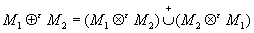 <math display='block' xmlns='http://www.w3.org/1998/Math/MathML'> <semantics>  <mrow>   <msub>    <mi>M</mi>    <mn>1</mn>   </msub>   <msup>    <mo>&#x2295;</mo>    <mi>&#x03B5;</mi>   </msup>   <msub>    <mi>M</mi>    <mn>2</mn>   </msub>   <mo>=</mo><mo stretchy='false'>(</mo><msub>    <mi>M</mi>    <mn>1</mn>   </msub>   <msup>    <mo>&#x2297;</mo>    <mi>&#x03B5;</mi>   </msup>   <msub>    <mi>M</mi>    <mn>2</mn>   </msub>   <mo stretchy='false'>)</mo><mover>    <mo>&#x222A;</mo>    <mo>+</mo>   </mover>   <mo stretchy='false'>(</mo><msub>    <mi>M</mi>    <mn>2</mn>   </msub>   <msup>    <mo>&#x2297;</mo>    <mi>&#x03B5;</mi>   </msup>   <msub>    <mi>M</mi>    <mn>1</mn>   </msub>   <mo stretchy='false'>)</mo>  </mrow> <annotation encoding='MathType-MTEF'> MathType@MTEF@5@5@+=feaafiart1ev1aaatCvAUfeBSjuyZL2yd9gzLbvyNv2CaerbuLwBLnhiov2DGi1BTfMBaeXatLxBI9gBaerbd9wDYLwzYbItLDharqqtubsr4rNCHbGeaGqiVu0Je9sqqrpepC0xbbL8F4rqqrFfpeea0xe9Lq=Jc9vqaqpepm0xbba9pwe9Q8fs0=yqaqpepae9pg0FirpepeKkFr0xfr=xfr=xb9adbaqaaeGaciGaaiaabeqaamaabaabaaGcbaGaamytamaaBaaaleaacaaIXaaabeaakiabgwPifpaaCaaaleqabaGaeqyTdugaaOGaamytamaaBaaaleaacaaIYaaabeaakiabg2da9iaacIcacaWGnbWaaSbaaSqaaiaaigdaaeqaaOGaey4LIq8aaWbaaSqabeaacqaH1oqzaaGccaWGnbWaaSbaaSqaaiaaikdaaeqaaOGaaiykamaaxacabaGaeyOkIGmaleqabaGaey4kaScaaOGaaiikaiaad2eadaWgaaWcbaGaaGOmaaqabaGccqGHxkcXdaahaaWcbeqaaiabew7aLbaakiaad2eadaWgaaWcbaGaaGymaaqabaGccaGGPaaaaa@52C3@</annotation> </semantics></math>
