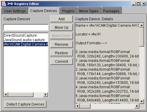 Um ein Capture Device ansprechen zu können muss es im JMF Registry Editor aufscheinen