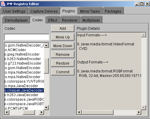 JMF Registry Editor - PlugIns