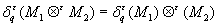 <math display='block'> <semantics>  <mrow>   <msubsup>    <mi>&#x03B4;</mi>    <mi>q</mi>    <mi>&#x03B5;</mi>   </msubsup>   <mo stretchy='false'>(</mo><msub>    <mi>M</mi>    <mn>1</mn>   </msub>   <msup>    <mo>&#x2297;</mo>    <mi>&#x03B5;</mi>   </msup>   <msub>    <mi>M</mi>    <mn>2</mn>   </msub>   <mo stretchy='false'>)</mo><mo>=</mo><msubsup>    <mi>&#x03B4;</mi>    <mi>q</mi>    <mi>&#x03B5;</mi>   </msubsup>   <mo stretchy='false'>(</mo><msub>    <mi>M</mi>    <mn>1</mn>   </msub>   <mo stretchy='false'>)</mo><msup>    <mo>&#x2297;</mo>    <mi>&#x03B5;</mi>   </msup>   <mo stretchy='false'>(</mo><msub>    <mi>M</mi>    <mn>2</mn>   </msub>   <mo stretchy='false'>)</mo>  </mrow> <annotation encoding='MathType-MTEF'> </annotation> </semantics></math>