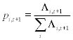 <mathdisplay='block'><semantics><mrow><msub><mi>p</mi><mrow><mi>i</mi><mo>,</mo><mi>t</mi><mo>+</mo><mn>1</mn></mrow></msub><mo>=</mo><mfrac><mrow><msub><mi>&#x039B;</mi><mrow><mi>i</mi><mo>,</mo><mi>t</mi><mo>+</mo><mn>1</mn></mrow></msub></mrow><mrow><mstyledisplaystyle='true'><munder><mo>&#x2211;</mo><mi>i</mi></munder><mrow><msub><mi>&#x039B;</mi><mrow><mi>i</mi><mo>,</mo><mi>t</mi><mo>+</mo><mn>1</mn></mrow></msub></mrow></mstyle></mrow></mfrac></mrow><annotationencoding='MathType-MTEF'></annotation></semantics></math>